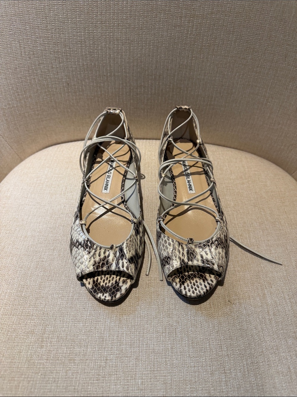 Manolo Blahnik Snake-Print Lace-Up Peep-Toe Flats in Beige and Black